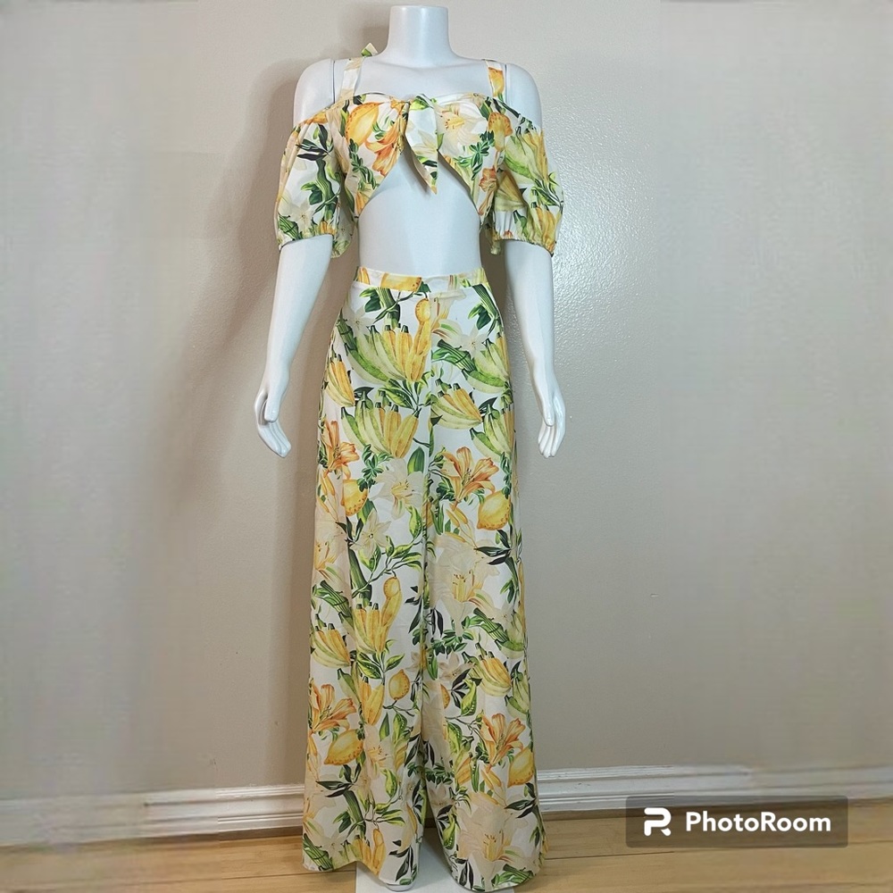 Yellow green cold shoulder smocked top high waisted wide leg pants set
